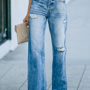 Casual Solid Tassel Ripped Straight Wide Leg Solid Color Bottoms